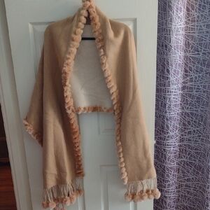GORSKI Cashmere Camel Color Shawl with Pom Pom Accents